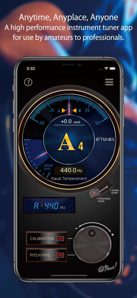 @Tuner - Interface do aplicativo @Tuner exibindo um medidor de afinador cromático profissional estilo agulha mostrando a nota Lá4 a 440Hz.