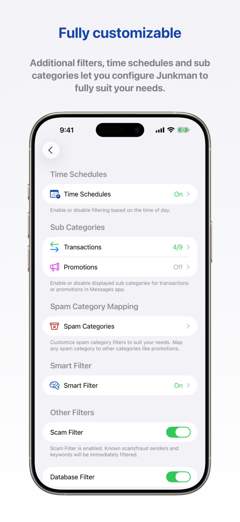 Junkman app interface showing customizable SMS filtering settings and category mapping