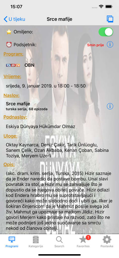 BiH TV - A screenshot of the BiH TV app showing detailed information for a television program including cast, description, and broadcast time.