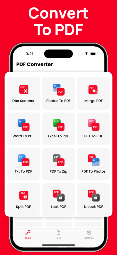 Doc Scanner、WordからPDFへ、PDFの結合など、さまざまなPDFツールを表示するモバイルアプリ画面