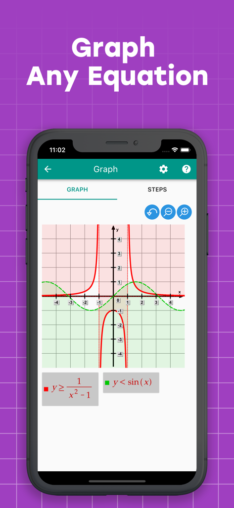 Algebrator mobile app interface showing a graphing calculator with plotted math equations and functions