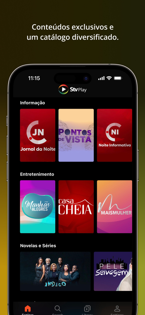 STV Play - STV Play app interface displaying a catalog of Mozambican news, entertainment, and soap operas.