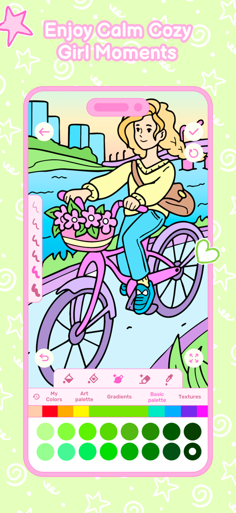 Cozy Girl Life: Coloring Book - Digital coloring book interface showing a girl riding a bicycle with flowers in a hand-drawn cozy style