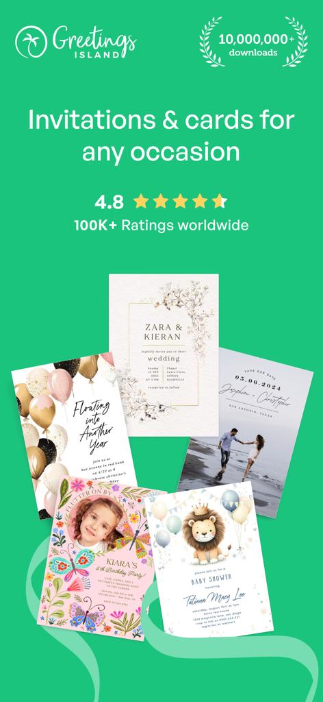 Invitation Maker: Cards & RSVP - Greetings Island app display featuring various invitation and card templates for weddings birthdays and baby showers