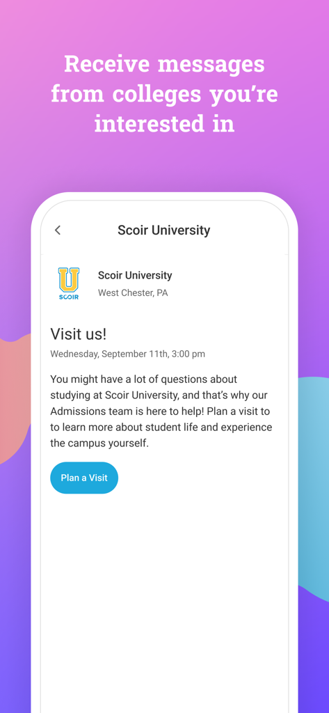 A mobile screen showing a message from a university inviting a student to plan a campus visit within the Scoir app