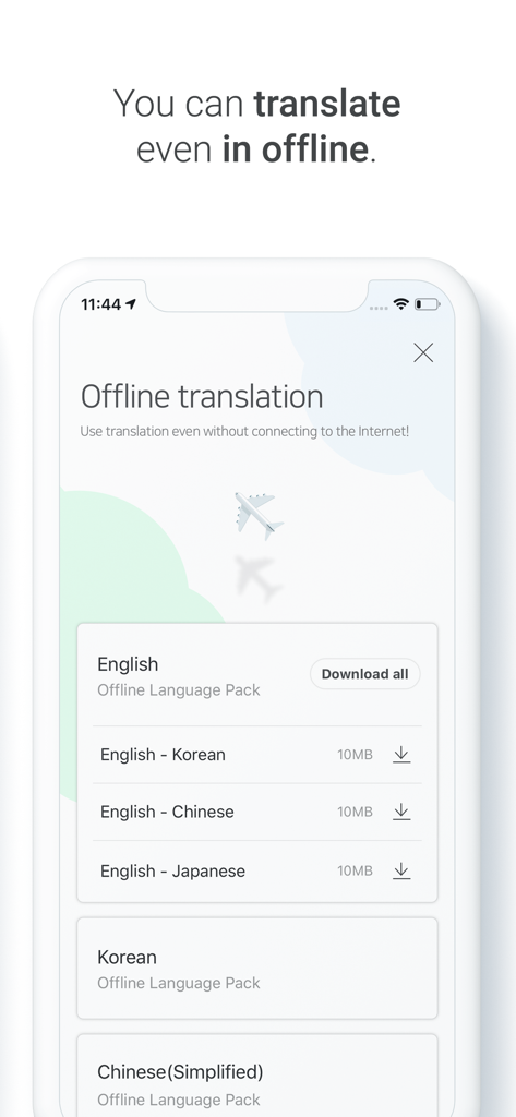 Interface of Naver Papago app showing options to download offline language packs for Korean Japanese and Chinese