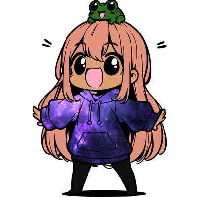 a excited chibi girl whith long hair and a baggy shirt whith a frog on there head
