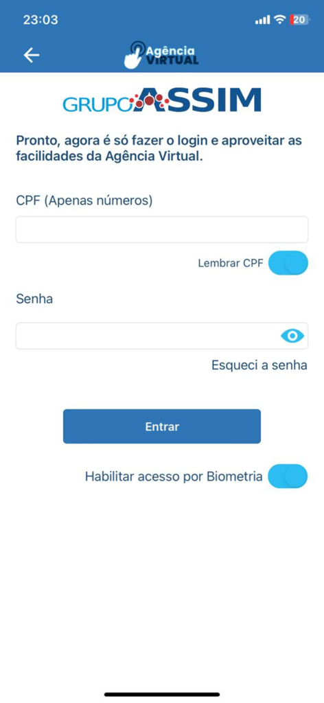 ASSIM SAÚDE - Login screen for the ASSIM SAUDE mobile app featuring CPF and password input fields with biometric login options.