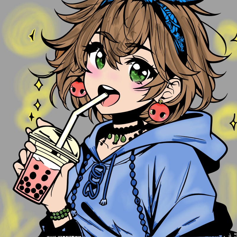 hot baddie anime girl drinking boba and biting the straw