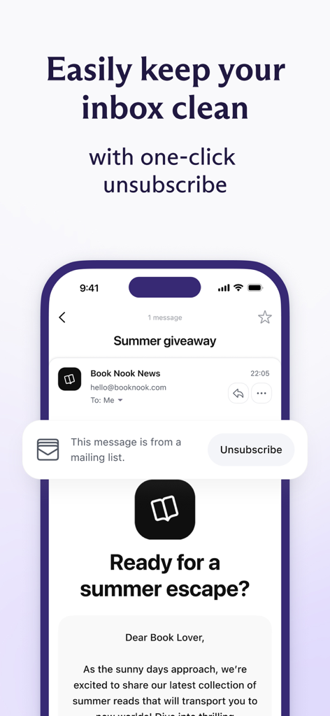 Proton Mail app interface showing a one-click unsubscribe button to easily manage mailing lists and keep the inbox clean.