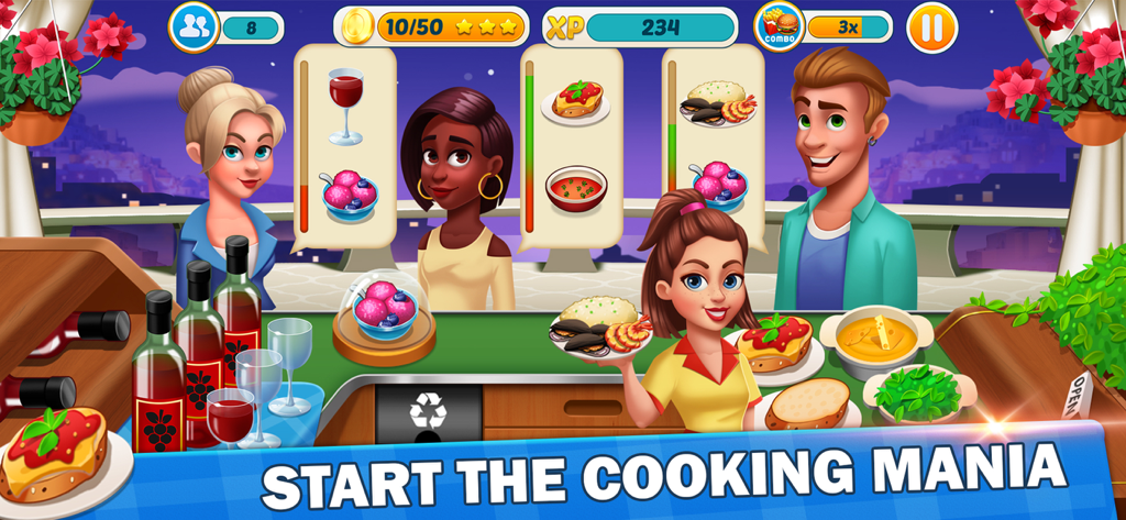 Chef femenina sirviendo platos a los clientes en el juego Cooking Mania