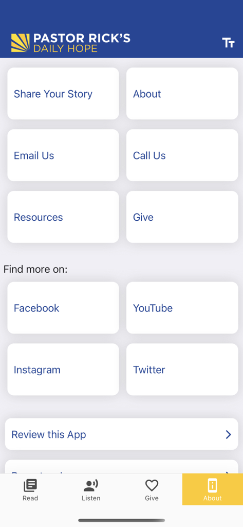 Daily Hope - Daily Hope app About page featuring contact options, social media links, and resource buttons for Pastor Rick Warren's ministry.