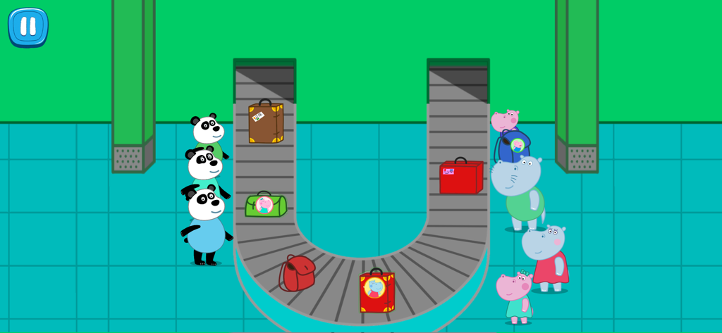 Hippo and panda characters waiting for bags at an airport luggage carousel