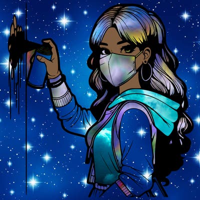 realistic girl with mask spray painting a wall