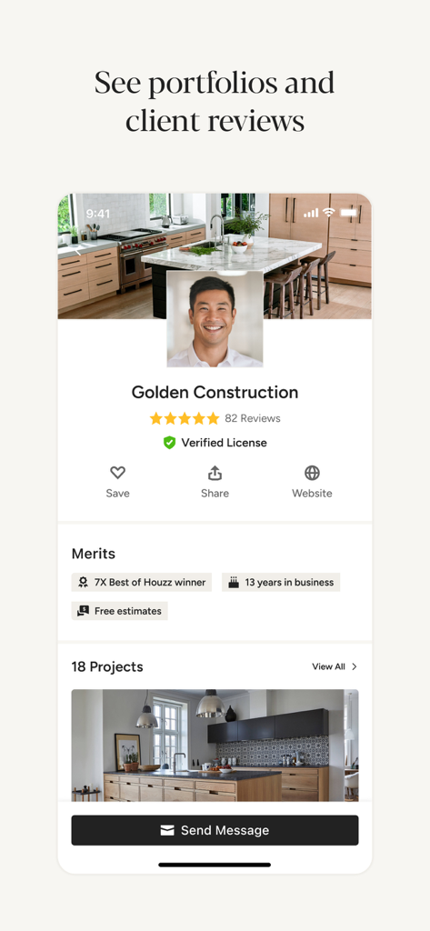 Houzz - Home Design & Remodel - A Houzz app screen displaying a contractor profile with verified reviews and project portfolios.