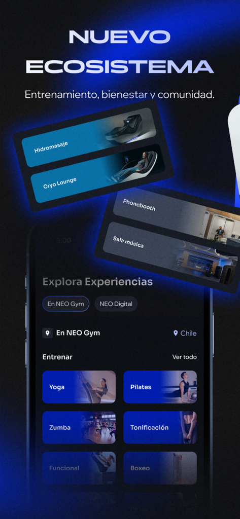 NEO App - NEO app interface showing a variety of fitness classes and wellness services like cryo lounge and hydromassage