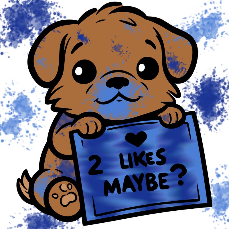 a puppy holding a sign that says 2 likes maybe?