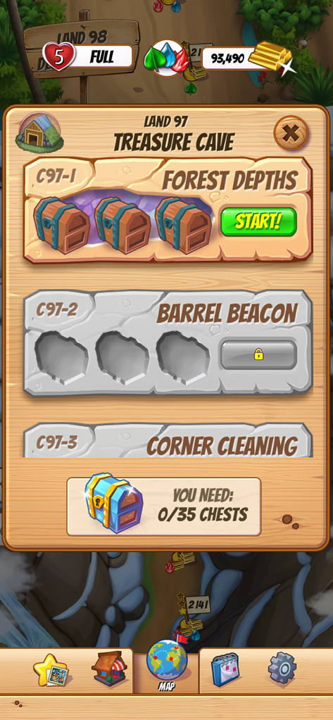 Cascade Gem & Jewel Adventure - Treasure Cave level selection screen in Cascade Gem and Jewel Adventure