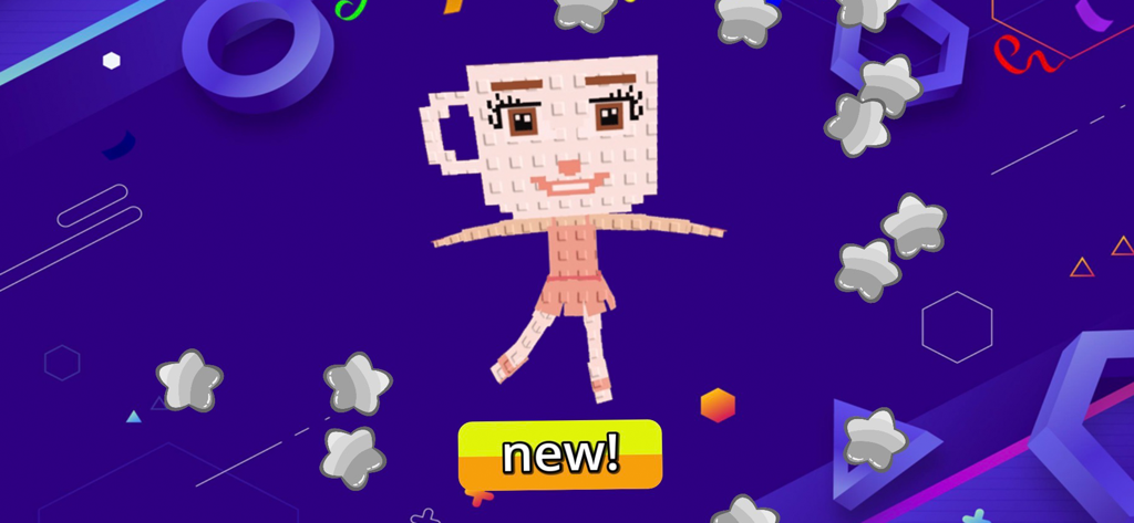 Find All Brainrot - Un personnage tête de tasse à thé pixélisé dans une robe rose sur un fond géométrique violet étiqueté comme nouveau.