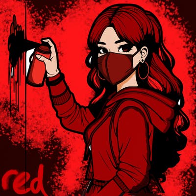 realistic girl with mask spray painting a wall