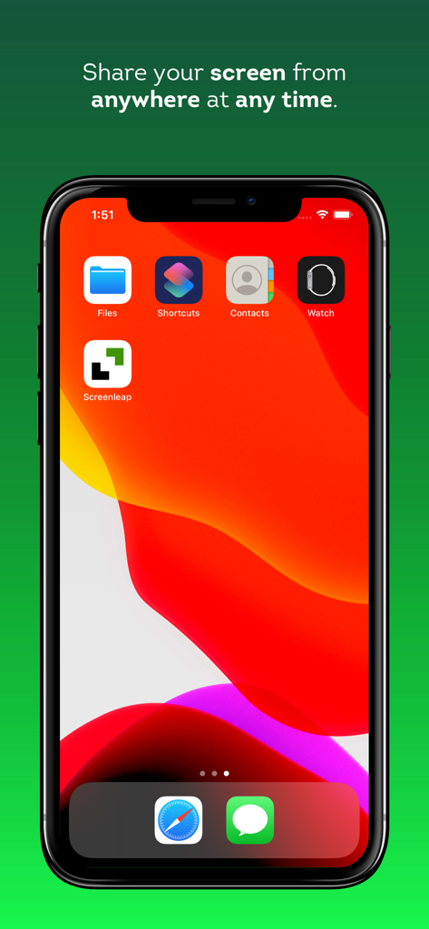 Screen and Camera Sharing - Tela inicial do iPhone com o ícone do aplicativo ScreenLeap e texto de compartilhamento de tela