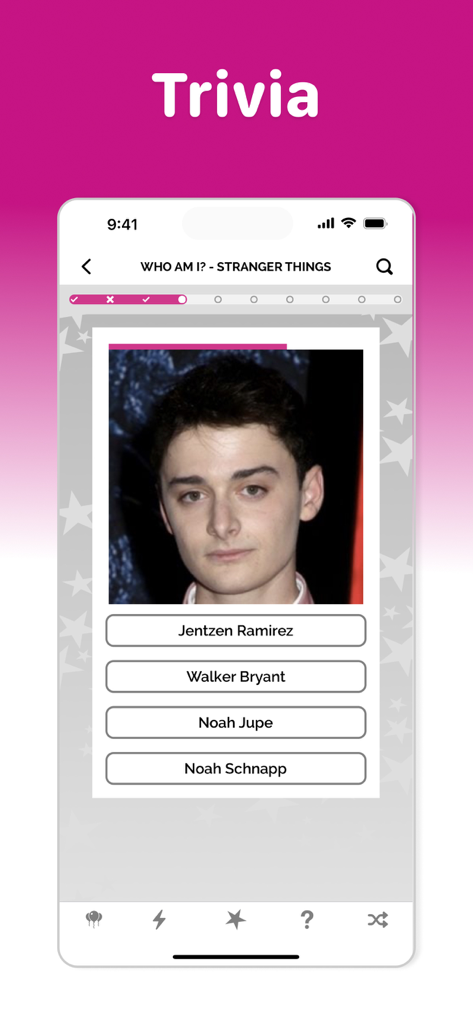 Famous Birthdays app trivia game screen showing a celebrity identification quiz for the Stranger Things cast