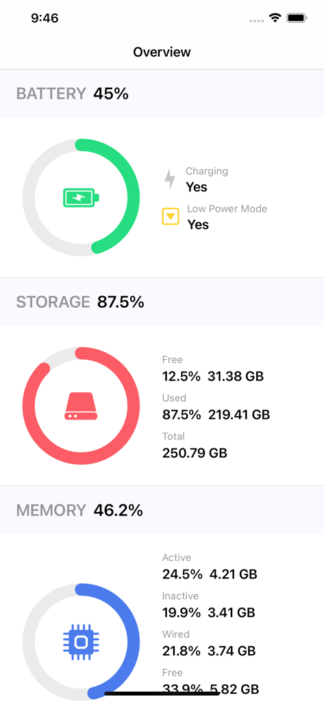 Battery Widget: CPU x Monitor - Panel de la aplicación Battery Widget mostrando el estado de la batería en tiempo real, el uso de almacenamiento y el rendimiento de la memoria.