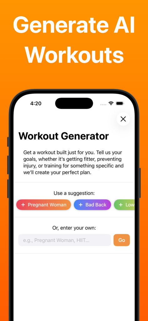 AI workout generator screen in the 7 Minute Workout app showing options for personalized fitness plans