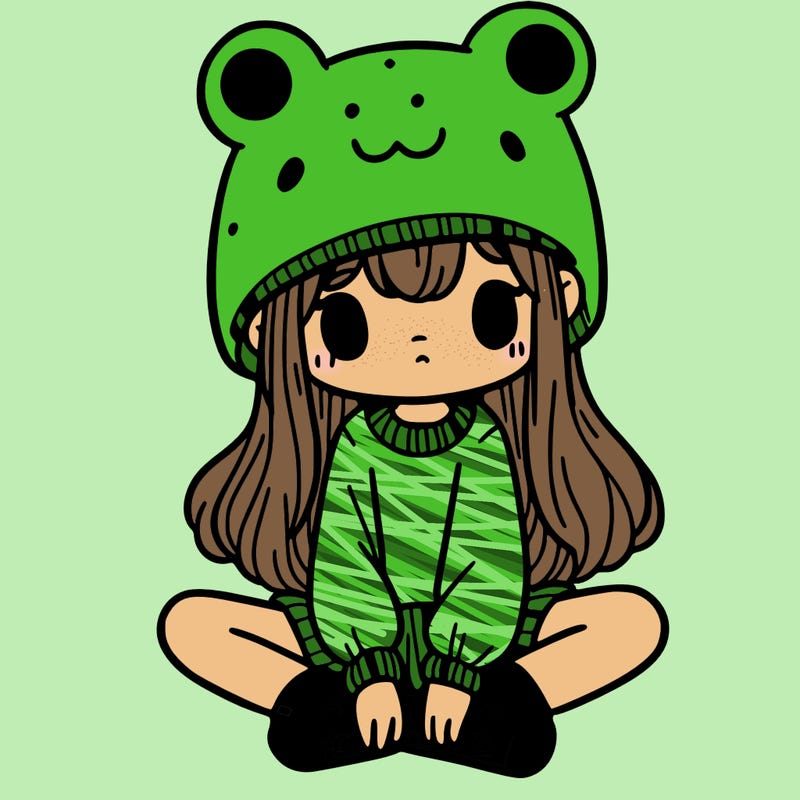 a girl wearing a frog hat and some frog socks