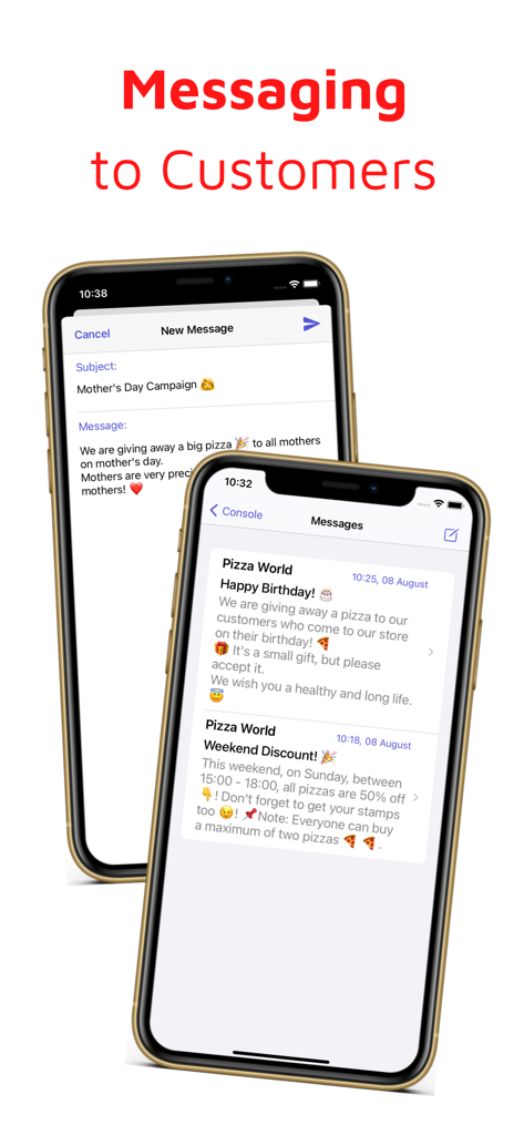 WinStamp - Loyalty Card - Duas telas de celular mostrando o recurso do aplicativo WinStamp para proprietários de empresas enviarem mensagens promocionais e recompensas para os clientes