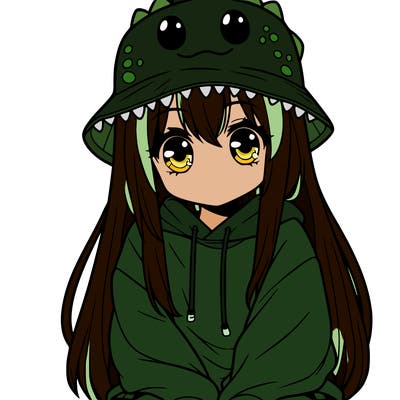 girl with anime shaped eyes with a dinosaur bucket hat oversized sweatshirt long straight hair