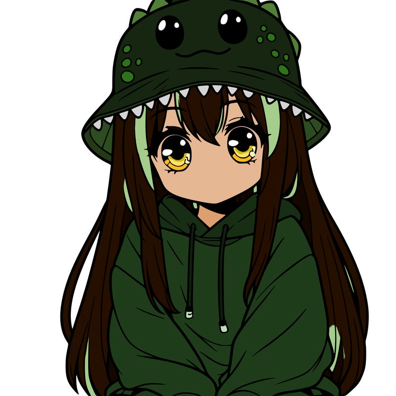 girl with anime shaped eyes with a dinosaur bucket hat oversized sweatshirt long straight hair