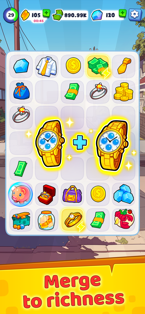 Merge Millionaire：Rich Craft - Tabuleiro de jogo em Merge Millionaire com itens de luxo como relógios de ouro e dinheiro com a legenda Junte para a riqueza