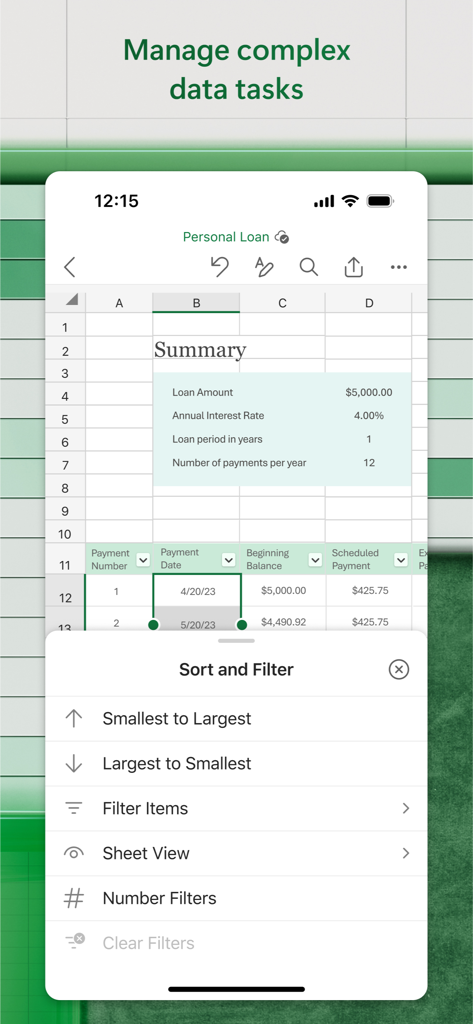 Microsoft Excel mobile app interface showing a personal loan spreadsheet with sort and filter options open.