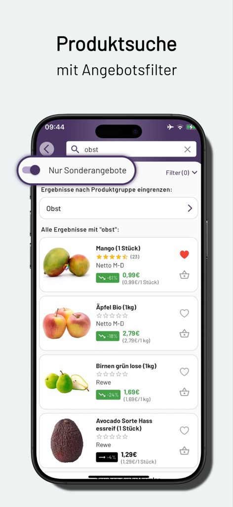 smhaggle - Smhaggle mobile app interface displaying a search for fruit with special offer filters and price comparisons