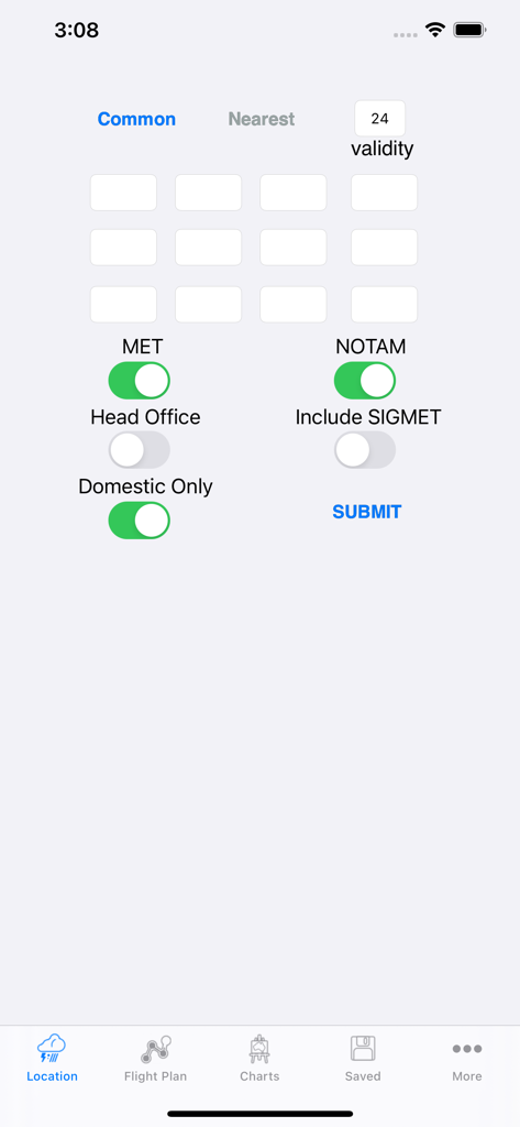 NAIPS - NAIPS app screen for requesting location-based weather and NOTAM briefings.