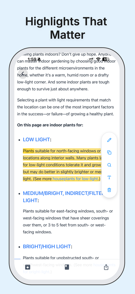 InfoFlow: Pocket Alternative - A mobile screenshot of the InfoFlow app displaying a highlighted article about plants and an editing toolbar