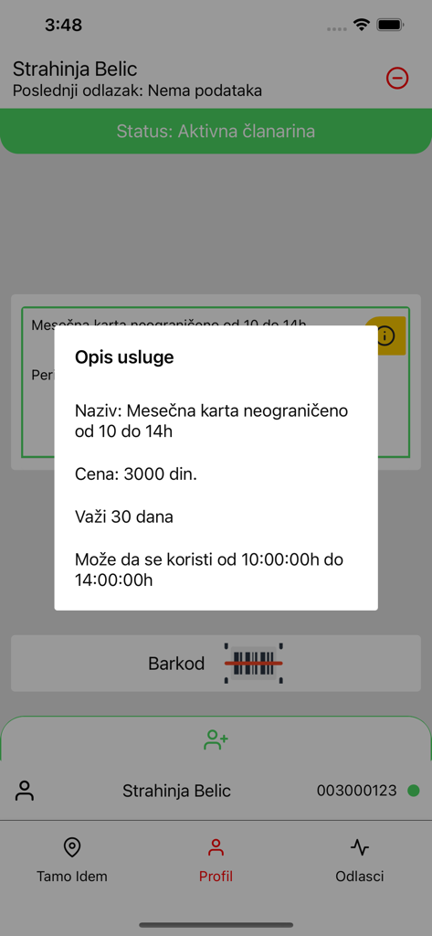 Membership service description popup on the Spotted RS app profile screen