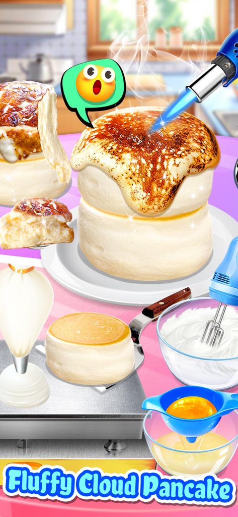 Un écran de jeu mobile montrant le processus de fabrication d'une crêpe nuageuse et moelleuse avec des ustensiles de cuisine et des ingrédients