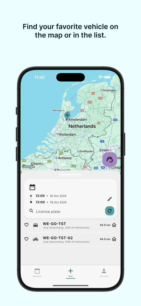 WeGo Carsharing - WeGo Carsharing app interface showing a map with vehicle locations and a list of available cars for booking.