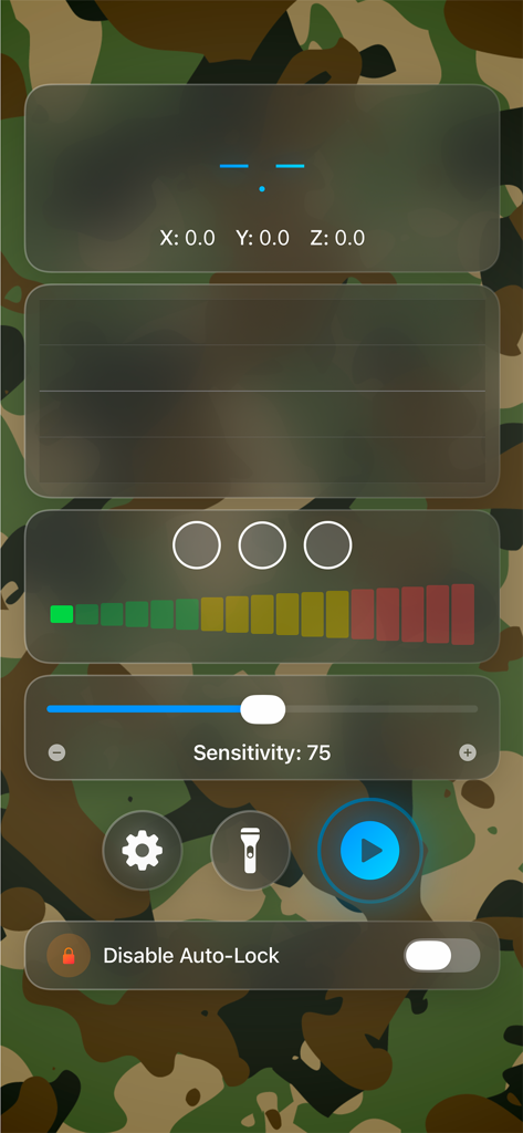 Metal Detector Professional - Interfaz de usuario de la aplicación Detector de Metales Profesional con datos del campo magnético y controles de sensibilidad sobre un fondo de camuflaje
