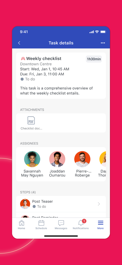 Interface of the WorkJam app showing task details for a weekly checklist with assigned team members