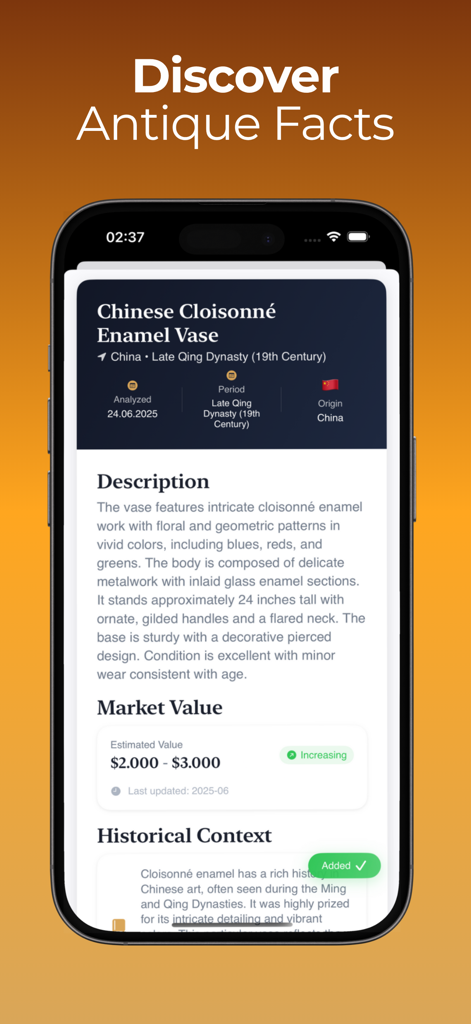 Antique Identifier by Photo - Tela de avaliação de antiguidades mostrando o valor de mercado e dados históricos para um vaso esmaltado chinês