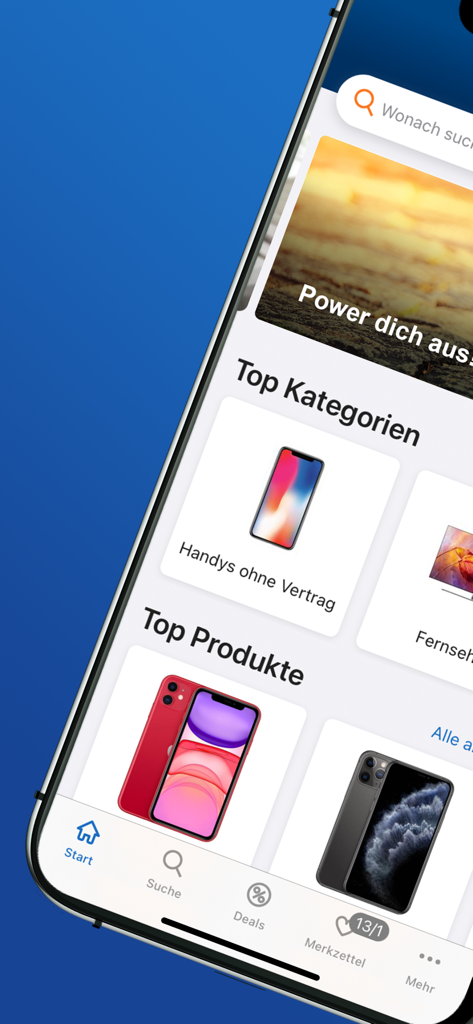 Interface of the billiger.de price comparison app showing top product categories and featured smartphones