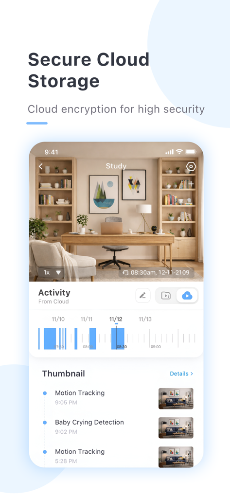 Interface de l'application Yi iot plus montrant l'activité de stockage cloud sécurisé et le suivi des mouvements
