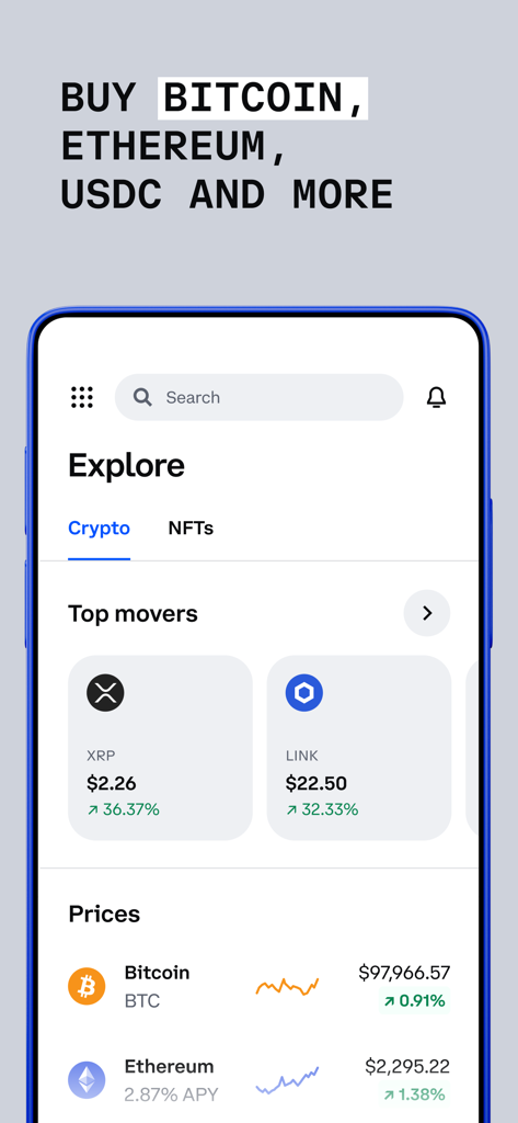 Capture d'écran de l'application Coinbase, écran Explorer affichant les principales variations et les prix actuels du Bitcoin et de l'Ethereum.