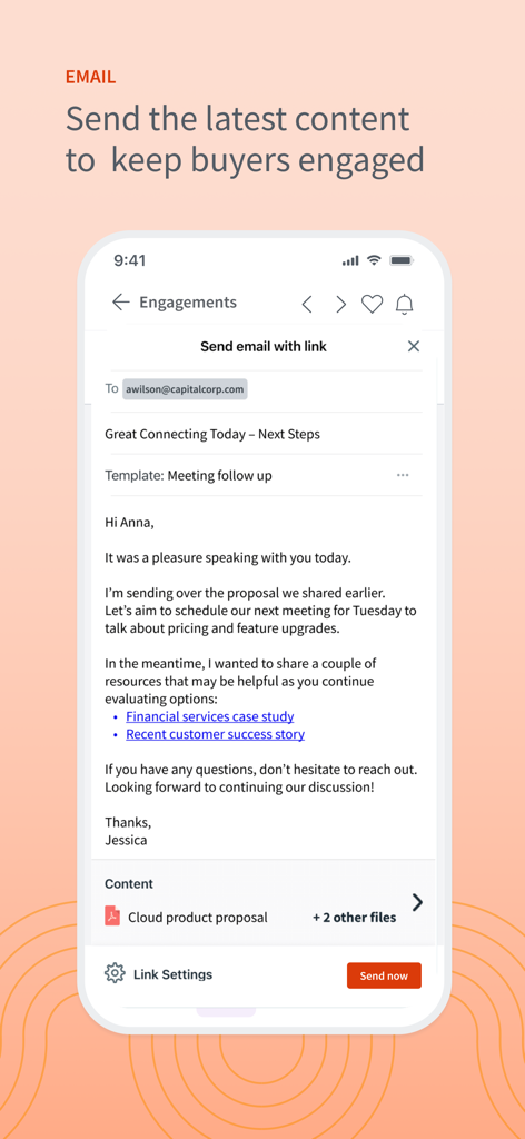 Mobile app interface showing an email draft with links to sales content and a product proposal for buyer engagement.