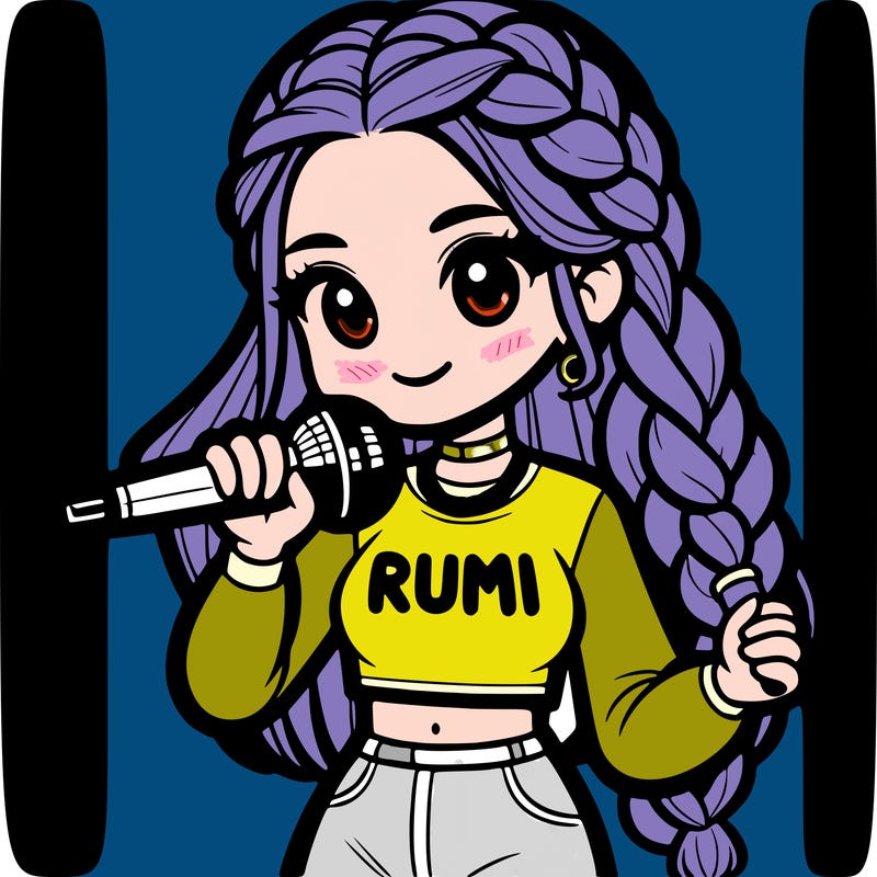 a teenage k-pop artist holding a microphone with a long french braid in her hair. she wears a white crop top with the name rumi on it.