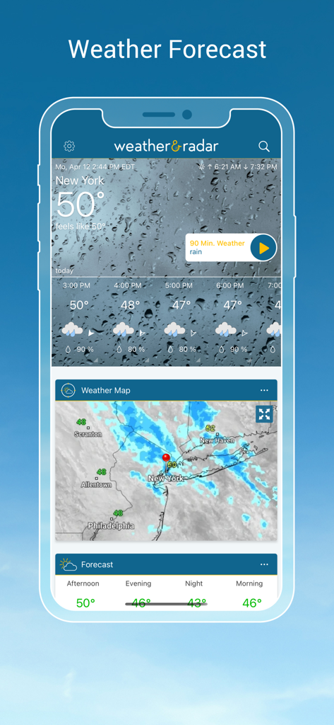 Weather & Radar USA Pro - Weather and Radar USA Pro app interface showing the New York hourly forecast and rain radar map