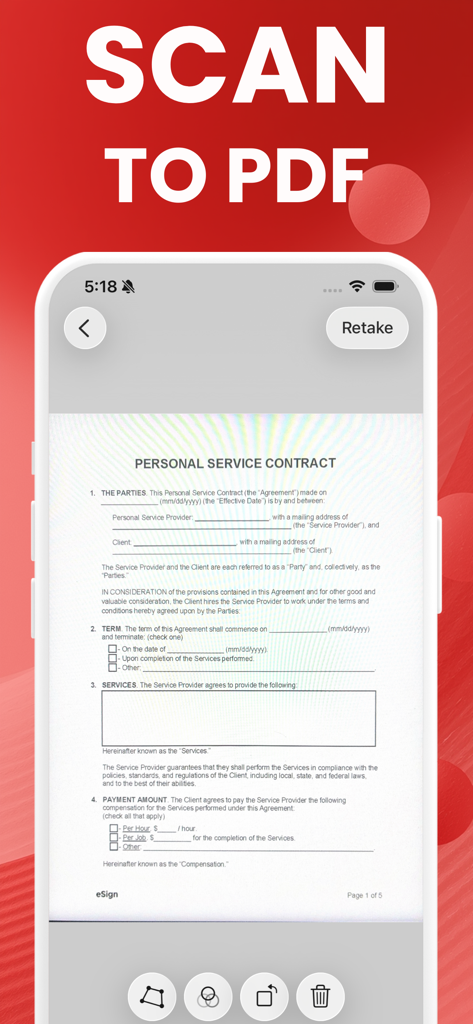 Image to PDF Converter: Photo - Pantalla de smartphone escaneando un contrato de servicios personales para crear un PDF